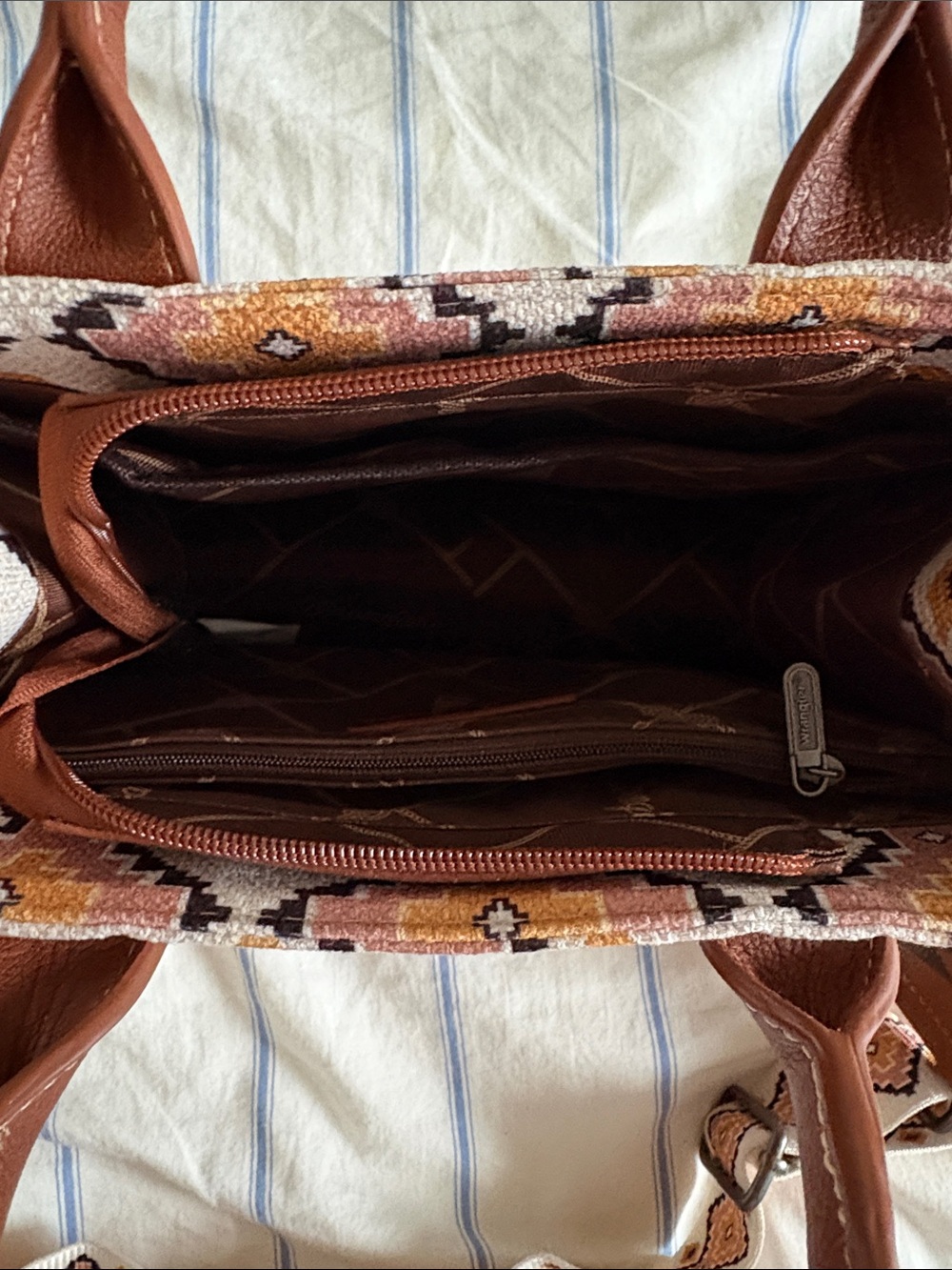 Wrangler Beige, Brown & Pink Embroidered Tote with Patterned Strap - Picture 3 of 3